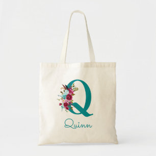 Tote Bag Monogramme de la lettre Q en écriture florale sarc