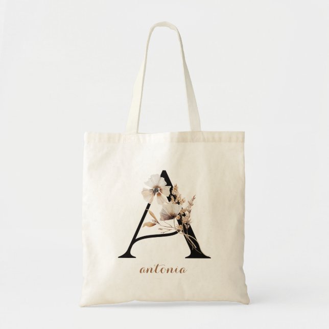 Tote Bag Monogramme de lettre "A" personnalisé moderne flor (Devant)