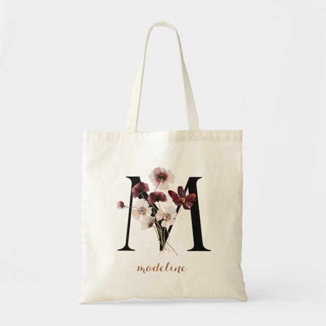 Tote Bag Monogramme de lettre "M" personnalisé moderne flor (Devant)