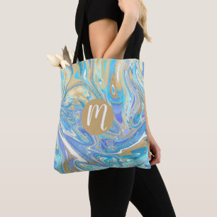 Tote Bag Monogramme de marbre liquide Pearlescent Aqua & Go