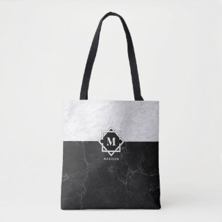 Tote Bag Monogramme de marbre noir et blanc