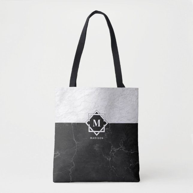 Tote Bag Monogramme de marbre noir et blanc (Devant)