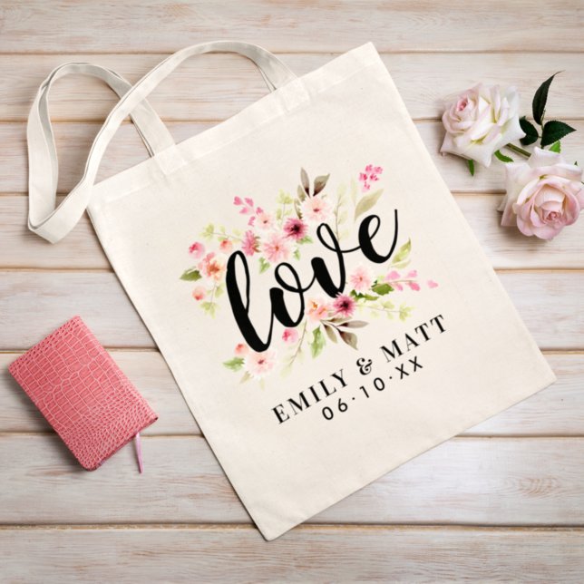 Tote Bag Monogramme de mariage Fleurs aquarelle rose Amour (Créateur téléchargé)