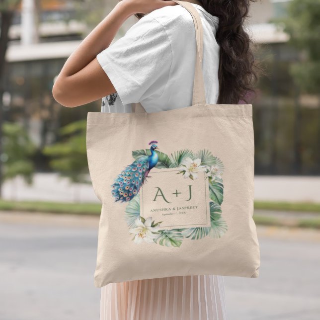 Tote Bag Monogramme de Mariage floral de paon indien tropic (Créateur téléchargé)
