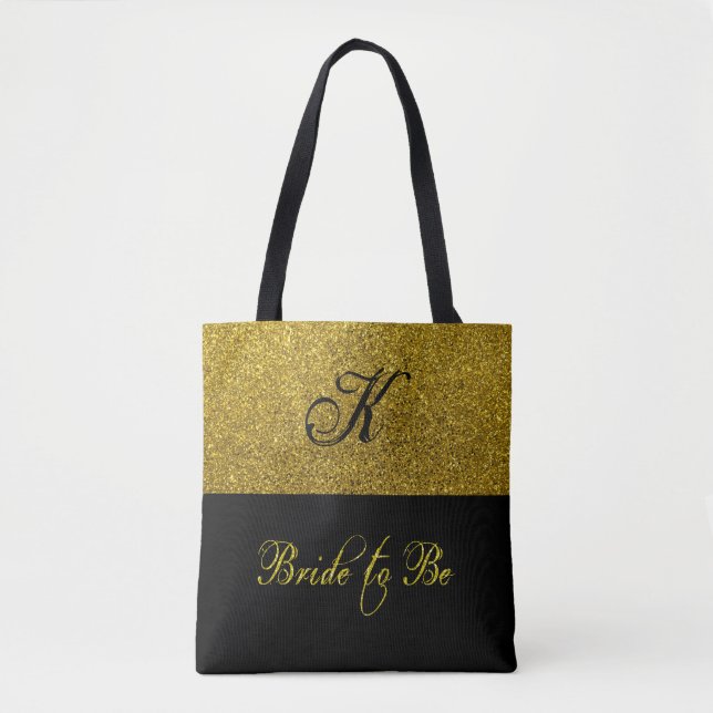 Tote Bag Monogramme de mariée élégant or et noir (Devant)