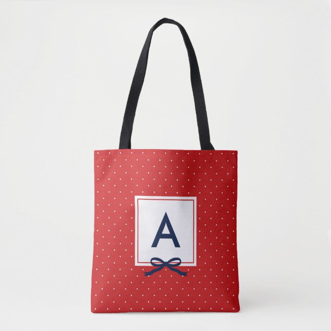 Tote Bag Monogramme de Motif à point rouge à ruban bleu chi (Devant)