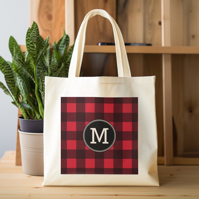 Tote Bag Monogramme de Motif de Buffle Noir Rouge Rustique (Personalized tote bag with monogram)