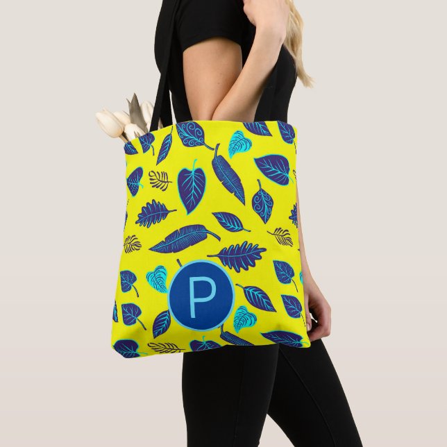 Tote Bag Monogramme de Motif de feuille tropicale jaune vif (De près)