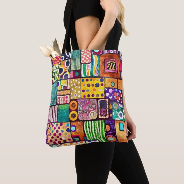 Tote Bag Monogramme de Motif de Patchwork Abstrait moderne (De près)