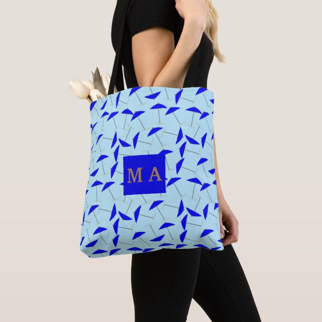 Tote Bag monogramme de motif de répétition de parapluie ble (De près)