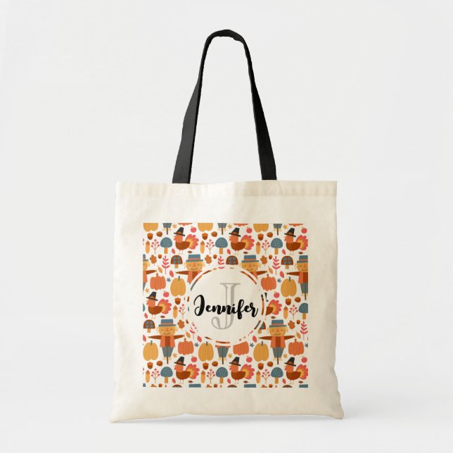 Tote Bag Monogramme de Motif de Thanksgiving Turquie & Scar (Devant)