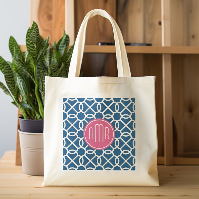 Tote Bag Monogramme de Motif géométrique rose et bleu chaud (Personalized tote bag with photos and custom text)