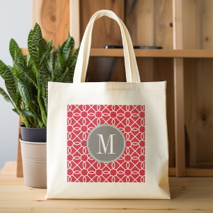 Tote Bag Monogramme de Motif géométrique rouge et gris