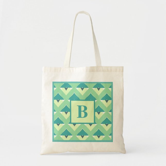 Tote Bag Monogramme de Motif géométrique turquoise et bleu (Devant)