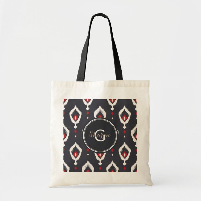 Tote Bag monogramme de motif tribal chic noir et rouge ikat (Devant)