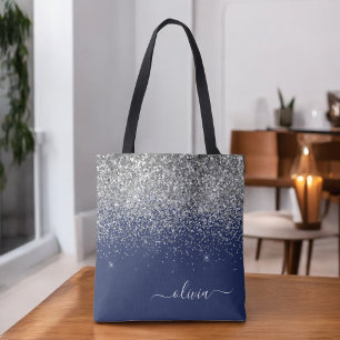 Tote Bag Monogramme de nom de fille scintillant bleu marine