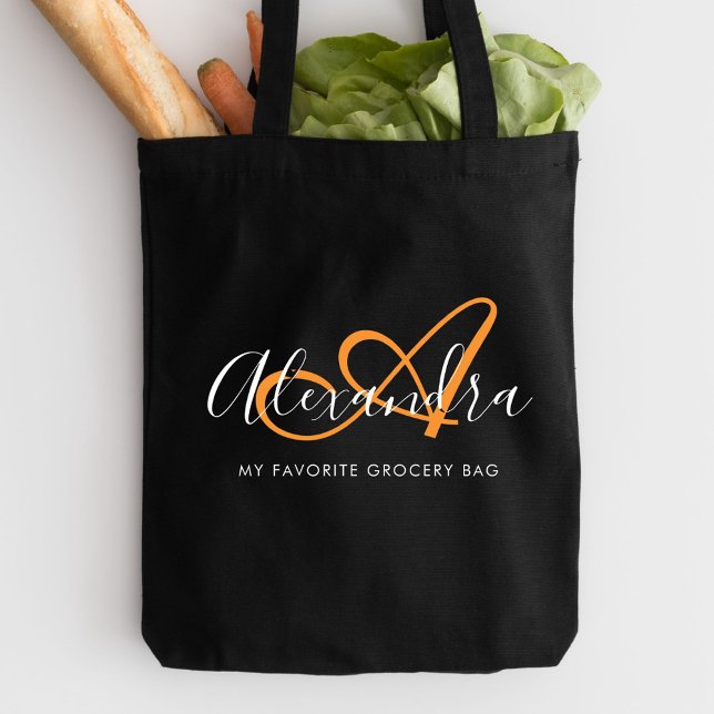 Tote Bag Monogramme de nom de script élégant orange safran  (Girly Saffron Orange Elegant Script Name Monogram Tote Bag)