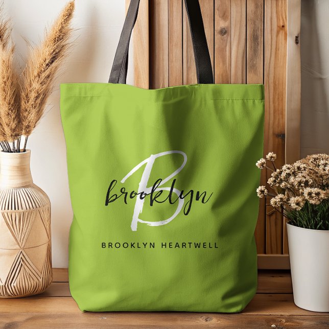 Tote Bag Monogramme de nom de script noir blanc vert citron (Créateur téléchargé)