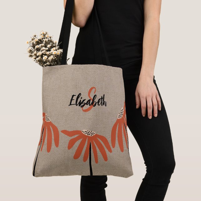 Tote Bag Monogramme de nom floral rustique orange noir bron (De près)