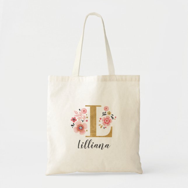 Tote Bag Monogramme de nom initial floral or tendance (Devant)