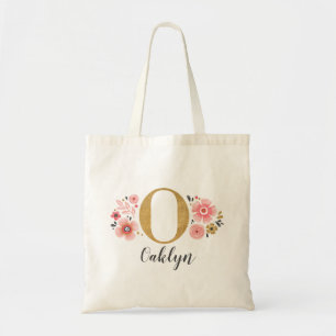 Tote Bag Monogramme de nom initial floral rose or