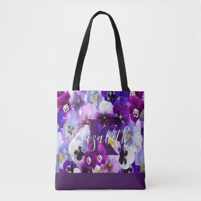 Tote Bag Monogramme de nom initiales Pansy Violet Floral Te (Devant)