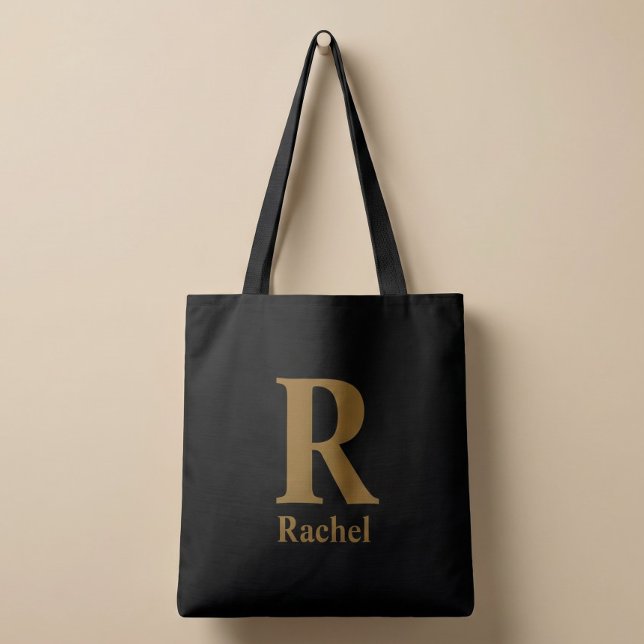 Tote Bag Monogramme de nom moderne minimal en or/noir (Créateur téléchargé)