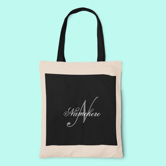 Tote Bag Monogramme de nom noir et blanc personnalisé uniqu (Créateur téléchargé)