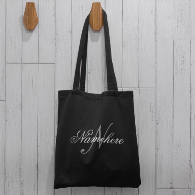 Tote Bag Monogramme de nom noir et blanc personnalisé uniqu (Créateur téléchargé)