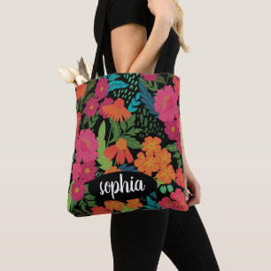 Tote Bag Monogramme de nom noir floral coloré