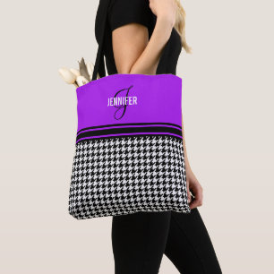 Tote Bag monogramme de nom pourpre de Black White Houndstoo