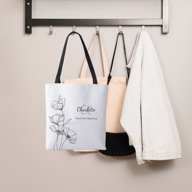 Tote Bag Monogramme de nom simple en ligne art fleurs sauva (Créateur téléchargé)