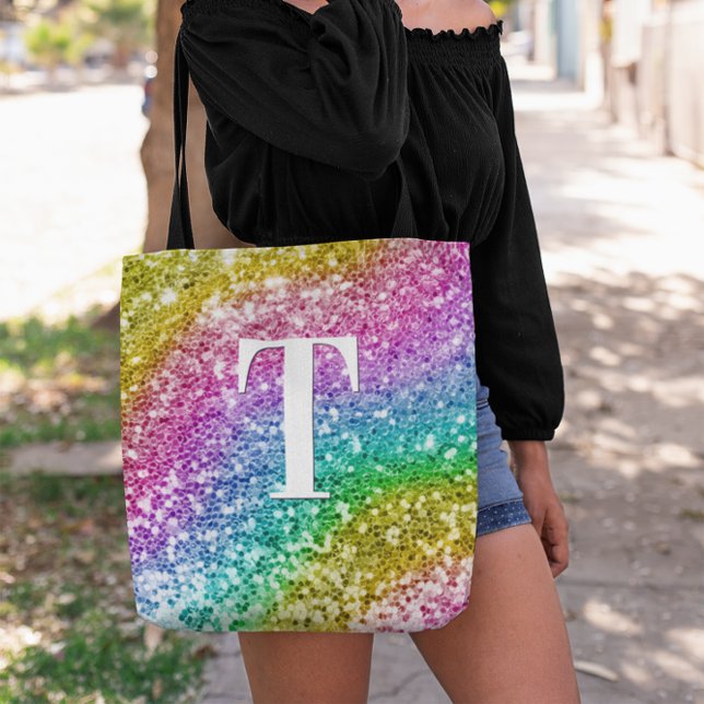 Tote Bag Monogramme de Parties scintillant à l'arc-en-ciel (Rainbow Curve Chunky Glitter Monogram Tote Bag)