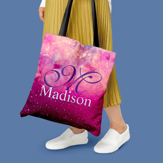 Tote Bag Monogramme de parties scintillant rose fuschsia so (Créateur téléchargé)