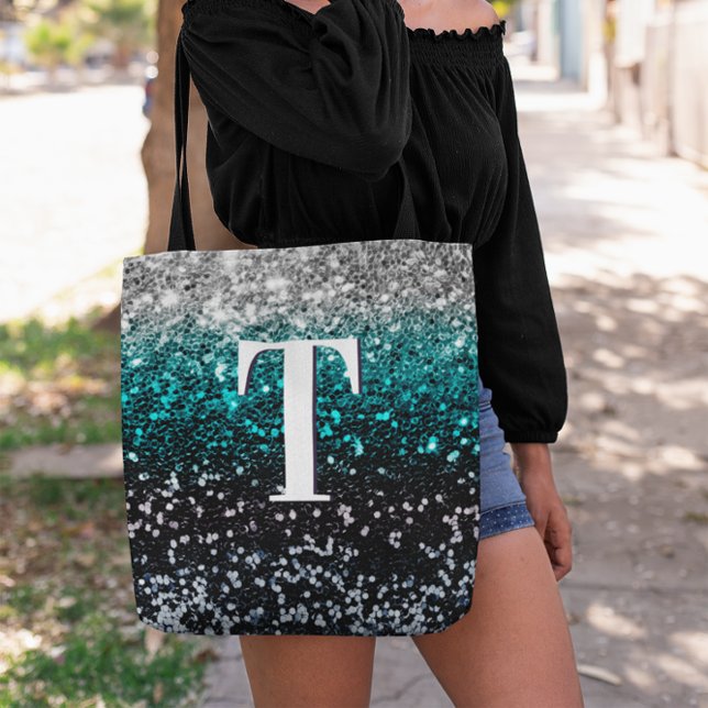 Tote Bag Monogramme de Parties scintillant Turquoise argent (Silver Teal and Black Chunky Glitter Monogram Tote)