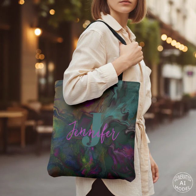 Tote Bag Monogramme de peinture liquide sarcelle et violet  (Créateur téléchargé)