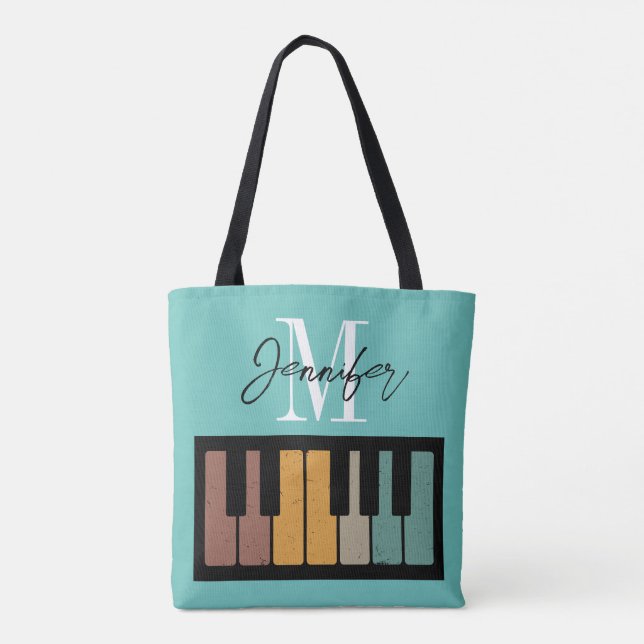 Tote Bag Monogramme de piano rétro Nom personnalisé (Dos)