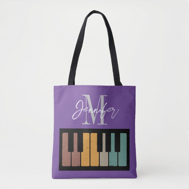 Tote Bag Monogramme de piano violet Nom personnalisé (Devant)
