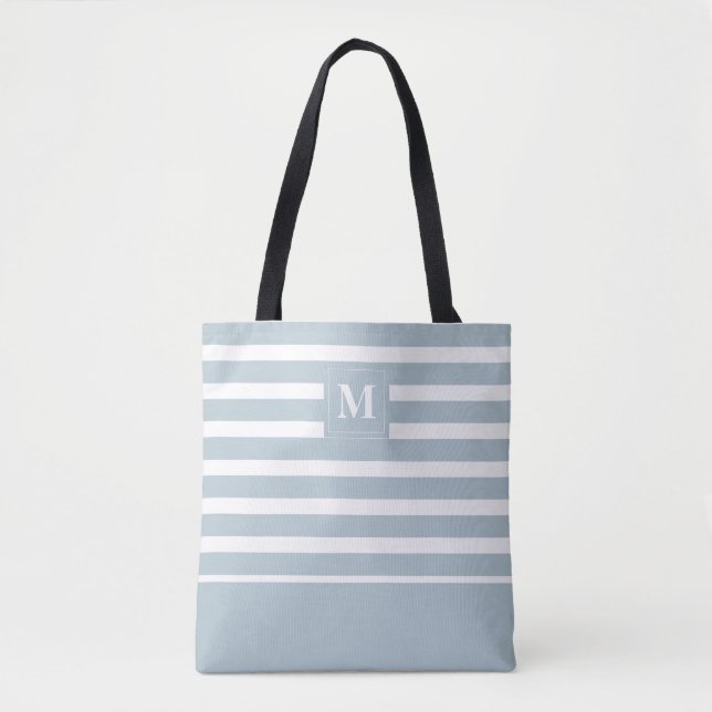 Tote Bag Monogramme de plage rayé bleu blanc côtier (Devant)