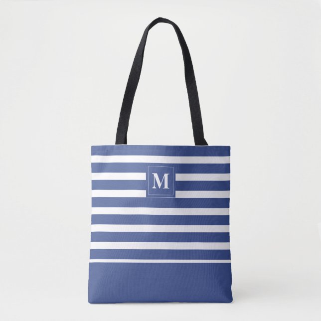 Tote Bag Monogramme de plage rayé bleu côtier blanc (Devant)