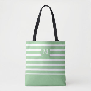 Tote Bag Monogramme de plage rayé vert côtier blanc