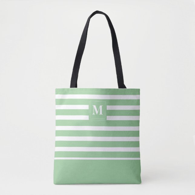 Tote Bag Monogramme de plage rayé vert côtier blanc (Devant)