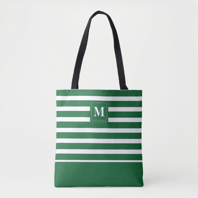 Tote Bag Monogramme de plage rayé vert côtier blanc (Devant)