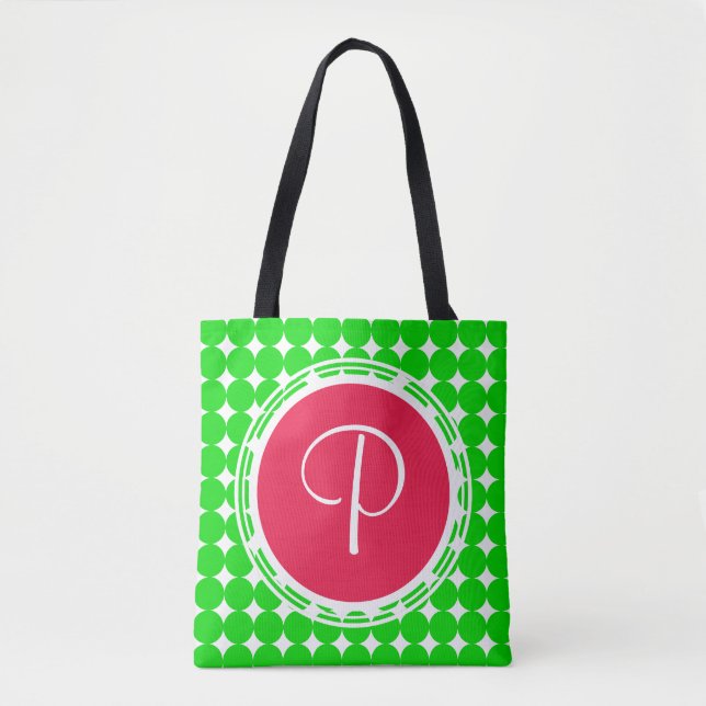 Tote Bag Monogramme de point de polka rouge et vert (Devant)