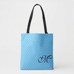 Tote Bag Monogramme de point Polka bleu clair et blanc