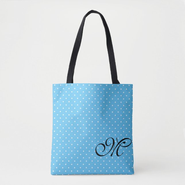 Tote Bag Monogramme de point Polka bleu clair et blanc (Devant)