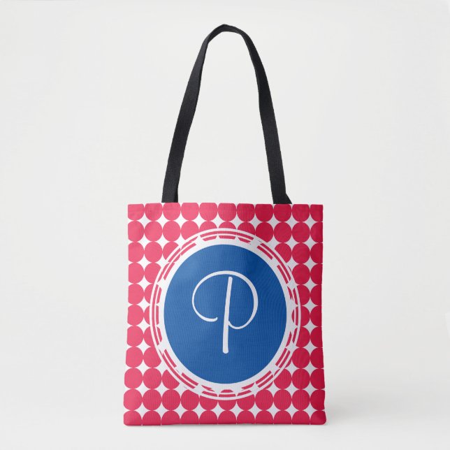 Tote Bag Monogramme de point Polka bleu et rouge (Devant)