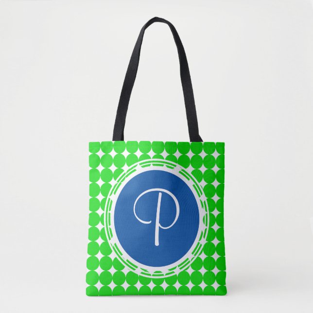 Tote Bag Monogramme de point Polka bleu et vert (Devant)