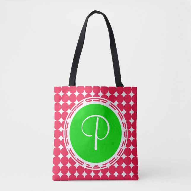 Tote Bag Monogramme de point Polka vert et rouge (Devant)