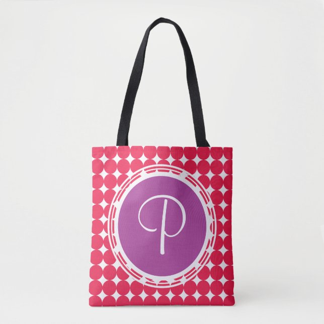 Tote Bag Monogramme de point Polka violet et rouge (Devant)